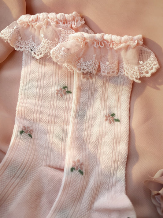 Fleur Lace High Socks - Baby Blush