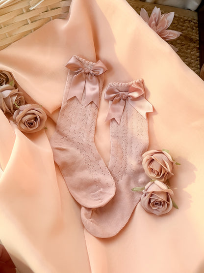 Signature Bow High Socks - Dusky Rose