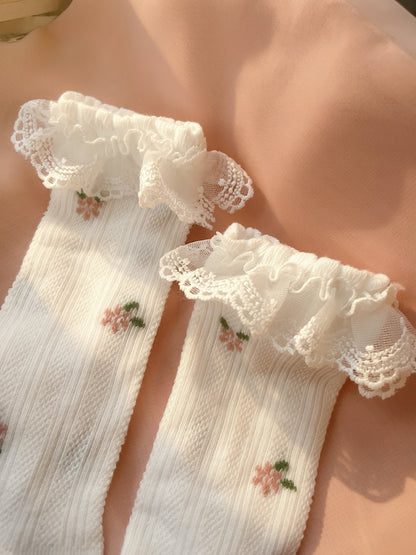 Fleur Lace High Socks - Petal White