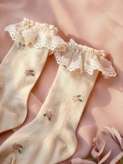 Fleur Lace High Socks - Beige