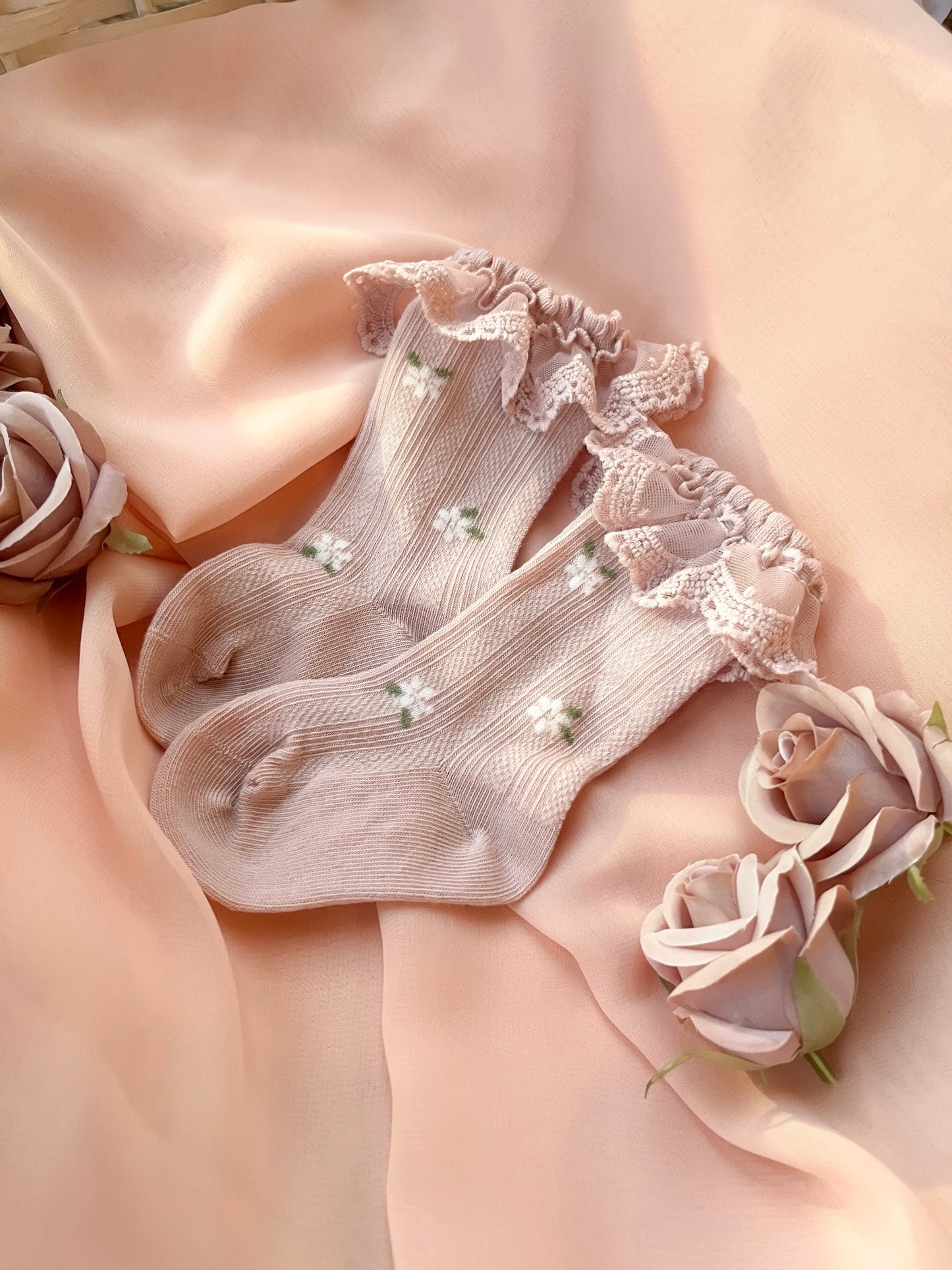 Fleur Lace High Socks - Dusky Rose