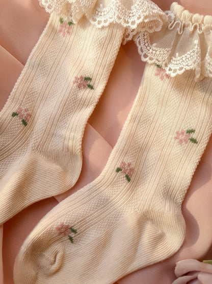 Fleur Lace High Socks - Beige
